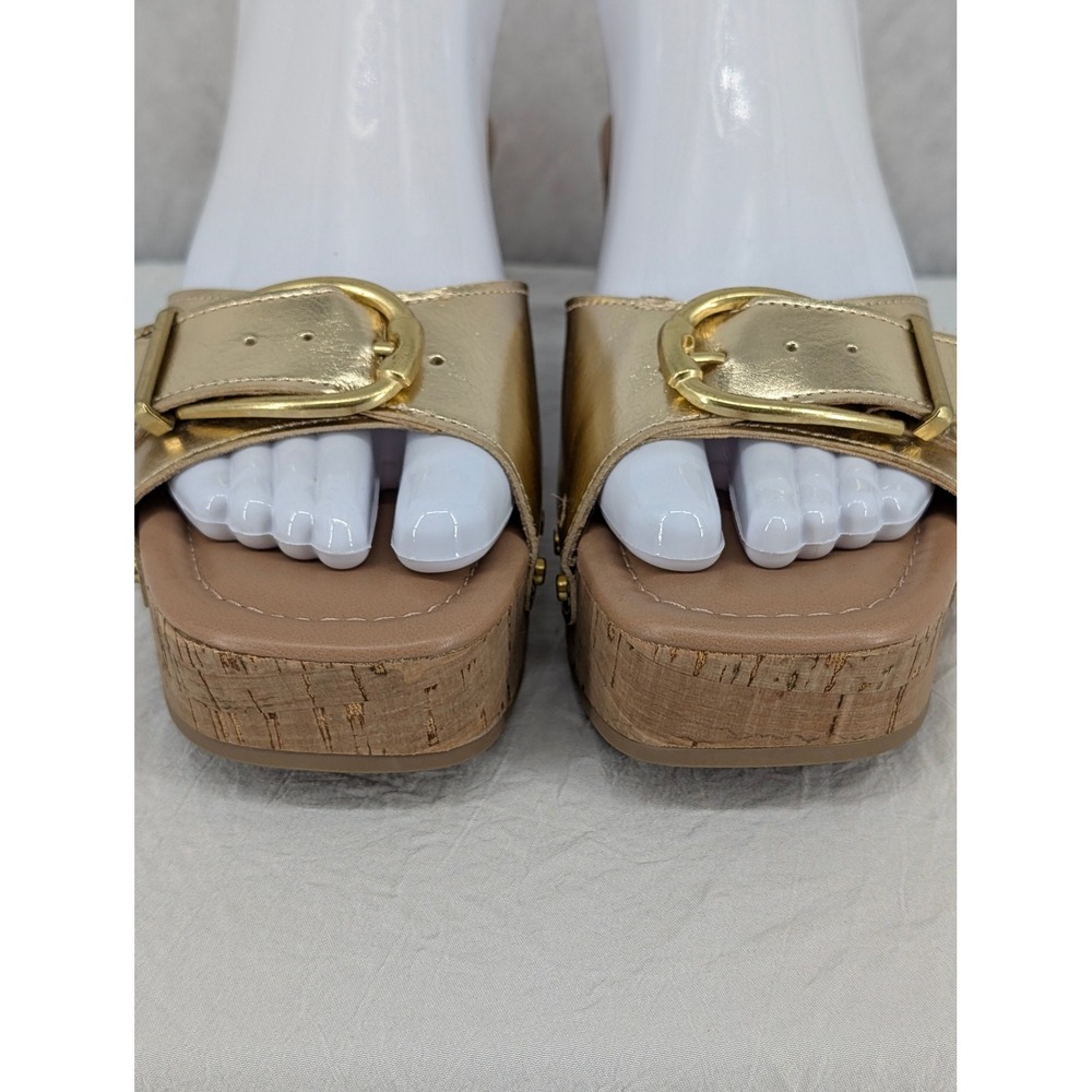 Time and Tru Gold Metallic Wedge Sandals 6 Cork Platform Studded Buckle Glam - Picture 5 of 10